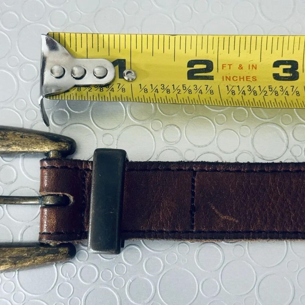 Vintage Cognac Brown Leather Western Belt 38 3-Pc Brass Buckle Tip Narrow Slim